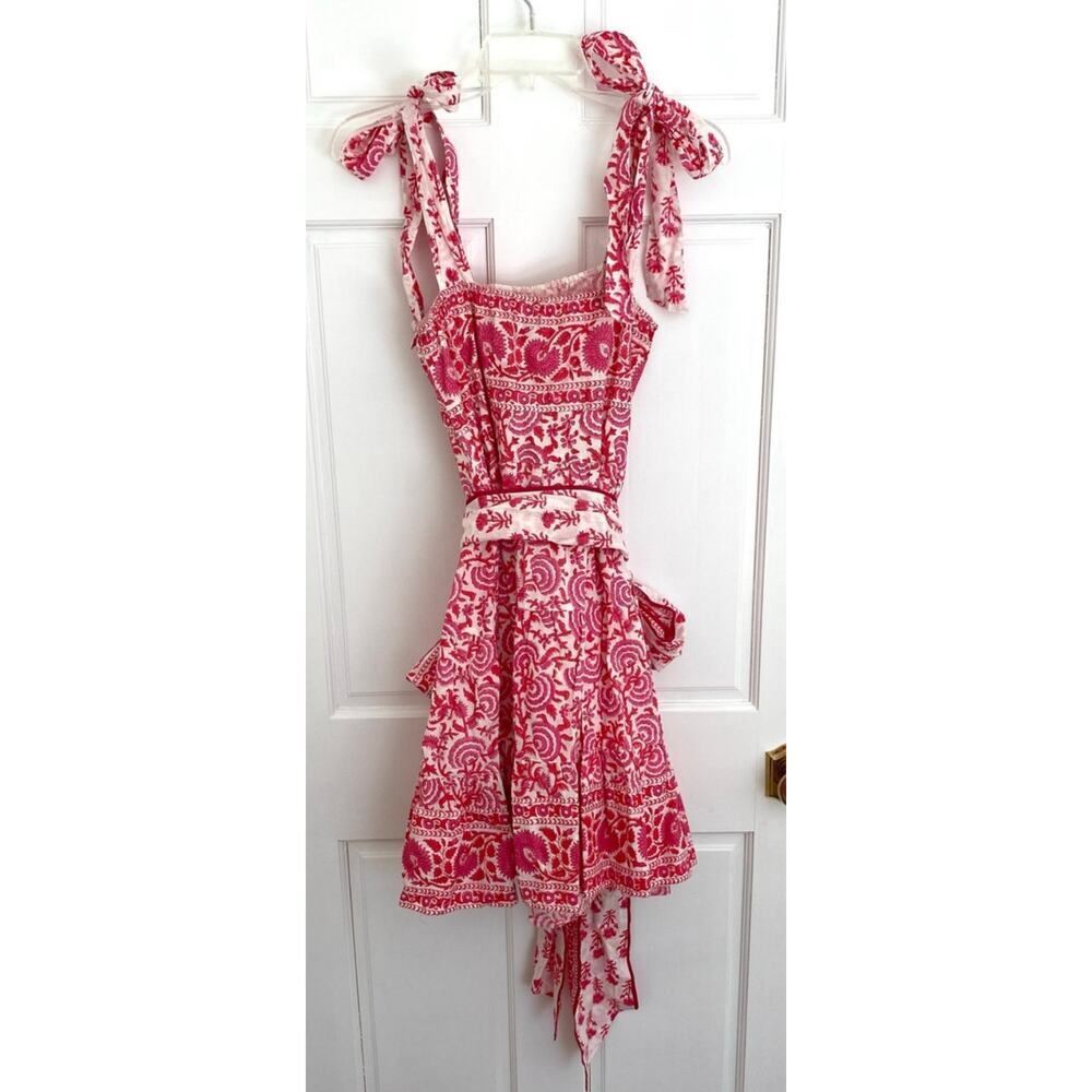 SUE SARTOR Block Print Floral Pink Red Tie Shoulder Waist Mini Swing Dress - Picture 6 of 11